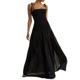 Women's dress: european and american cross-border spring solid color sleeveless spaghetti strap pleated bodycon tulle maxi dress