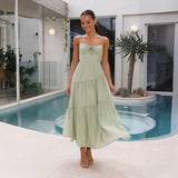 Women's dress - cross-border european & american style, patchwork camisole maxi dress with open back, tie detail, and full skirt. fully lined