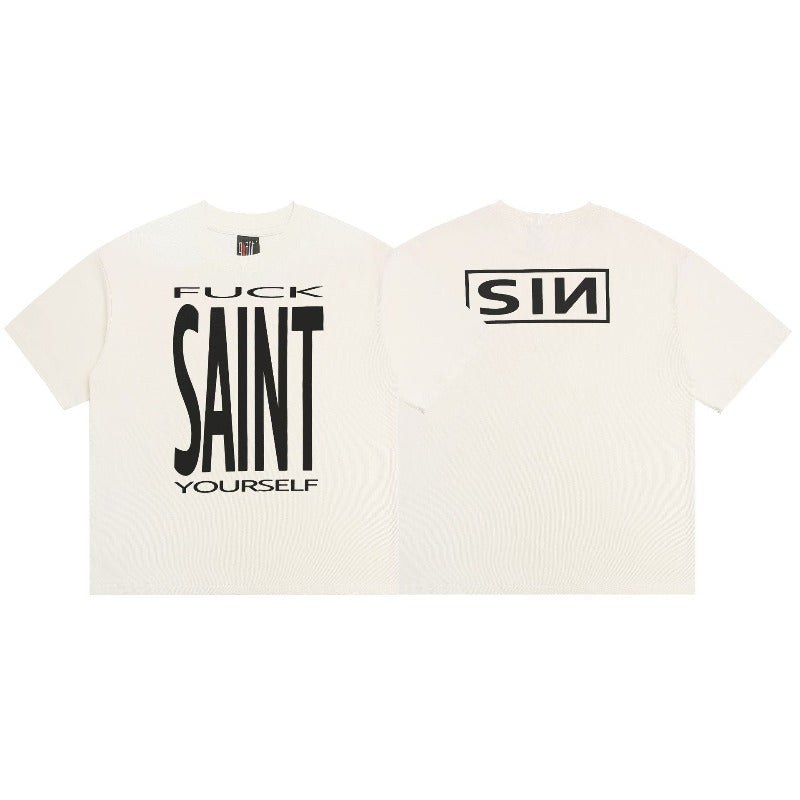 saint m t shirts  s.m letter print crew neck pullover short sleeve top - wholesale