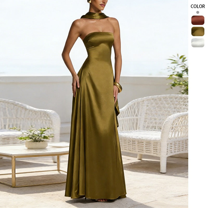 Women's dress - european & american style, sexy, slimming, backless, amazon-inspired bandeau, cinched waist, long formal gown