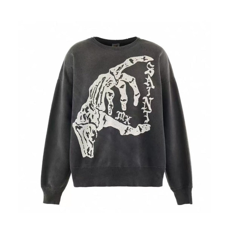 Saint m hoodie spring & fall s.m skull hand high street washed distressed round neck pullover sweatshirt