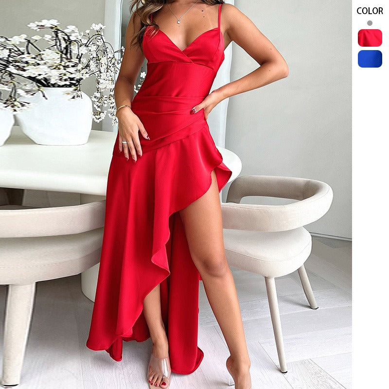 Women's dress: european and american cross-border e-commerce summer hot seller - sexy women's camisole backless ruffle asymmetrical dress/gown