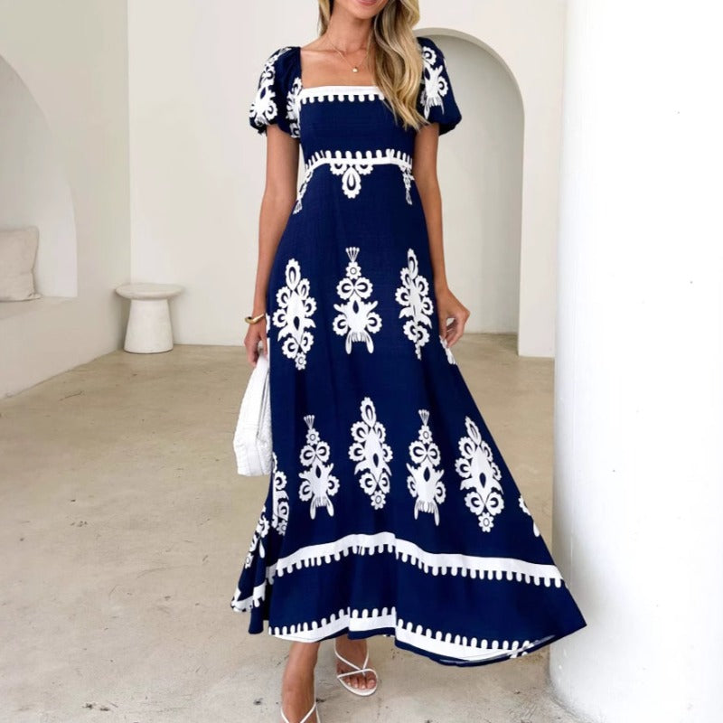 Women's dress - summer amazon independent site fashion cross-border women's clothing - vacation style printed beach dress - shirred dress for women