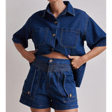 Women's pants: summer amazon cross-border european and american style casual retro loose shirt & denim shorts set - denim women's