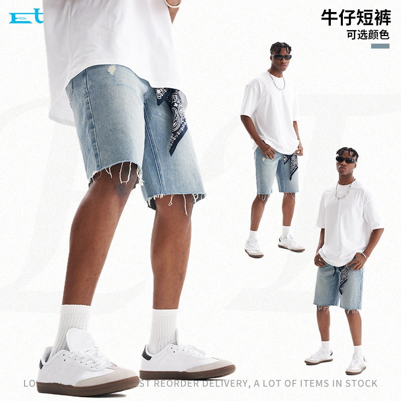 Personalizedretro washed denim shorts g high quality denim shorts trendy brand loose edge frayed denim shorts