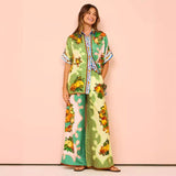 Women's pants: cross-border european and american fashion printed elastic waist pocket wide-leg casual set for women's summer