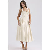 Women's summer slim-fit camisole maxi dress - european & american style fashion print halter neck lace trim dress