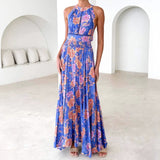 Women's dress - cross-border fashion: printed halter neck beach bohemian high-waisted backless floral dress