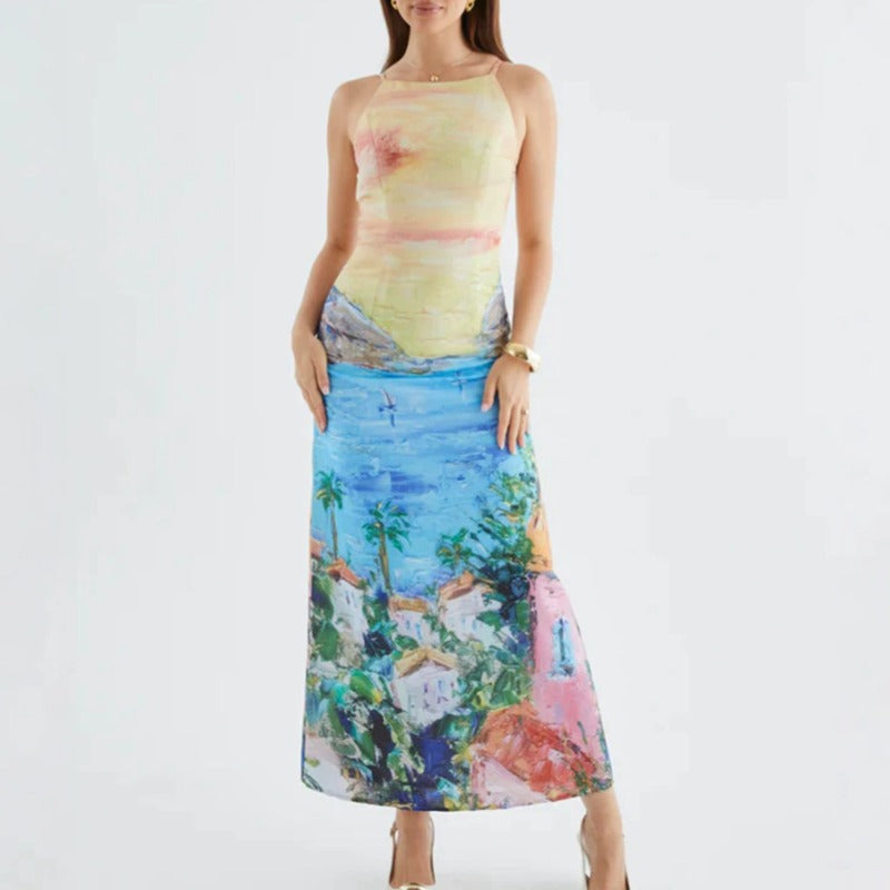 Women's dress - american sweetheart oil painting style dress - spring/summer ins trendy versatile casual long dress for women