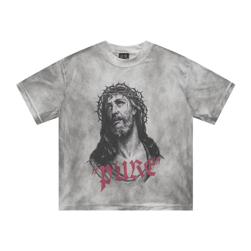 saint m t shirts Spring and summer s.m thorn character headshot small neckline distressed dirty dyed short-sleeved one piece