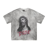 saint m t shirts Spring and summer s.m thorn character headshot small neckline distressed dirty dyed short-sleeved one piece