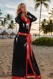 Women Latex Coats Black Kimono Robe with Belt