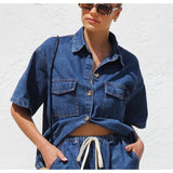 Women's pants: european and american cross-border retro casual loose-fit short-sleeve shirt and shorts denim two-piece set - women's spring/summer collection