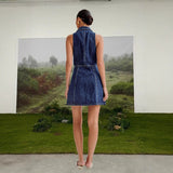 Women's spring/summer vintage v-neck patchwork a-line denim sundress with button-down sleeveless vest and cinched waist