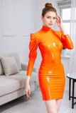 Women Latex Dress Puffed Shoulders Orange Bodycon