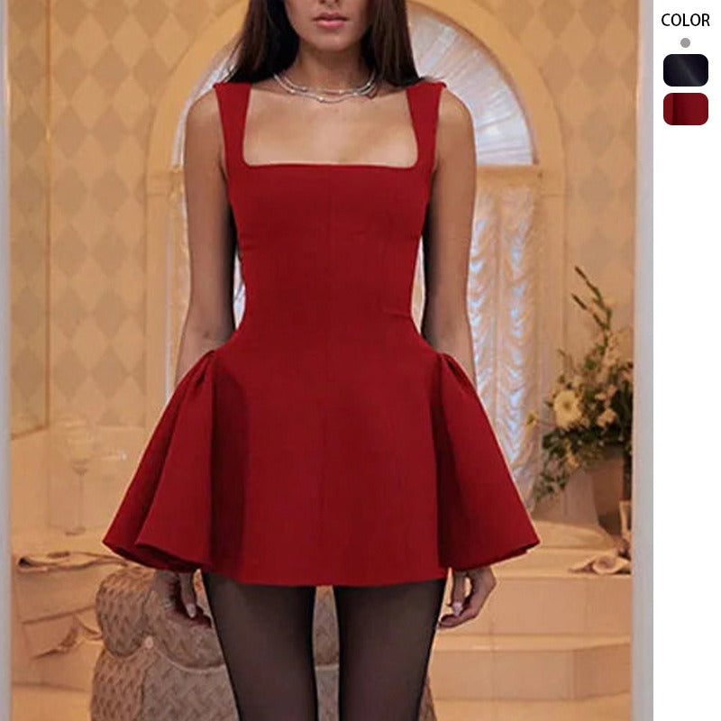Women's dress cross-border fashion style export waist a-line vest dress spring and summer square collar silm short skirt for women
