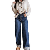 Women's wide-leg jeans: spring/summer collection - high-waisted, slimming, vintage-style, cuffed hem, center seam design, straight-leg denim pants for women