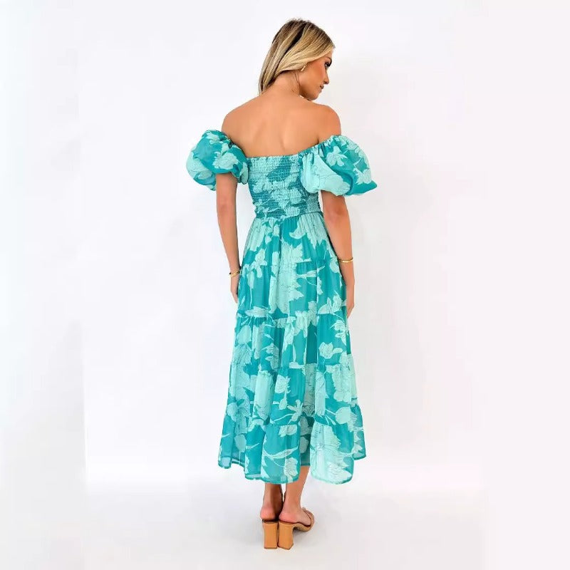 Women's summer dress - cross-border e-commerce, european & american style - amazon-ready off-the-shoulder chiffon dress with bubble sleeves and tiered print