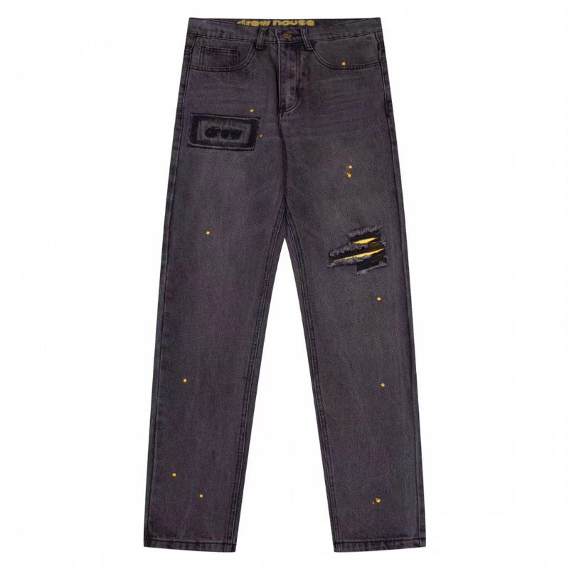 Drew house pants spring & fall d@ew smiley hole straight-legcasualjeans