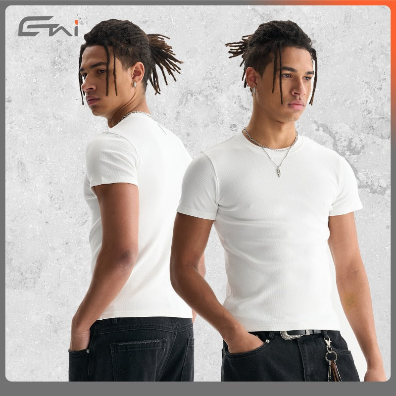Etai men's fashion european and american trendy high-quality slim-fit cropped ribbed short-sleeve versatile streetwear men's crew neck t-shirt