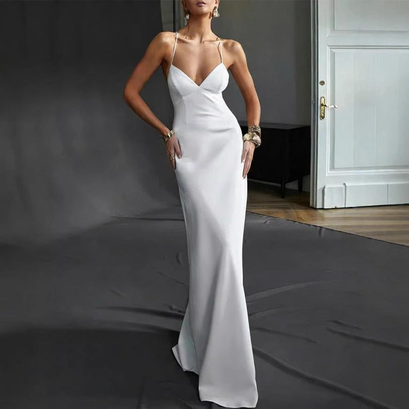 Women's dress: european and american summer style, elegant and fashionable solid color shoulder strap long criss-cross tie-up dress