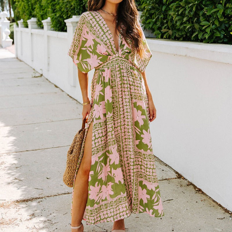 Women's summer dress - european & american style amazon long dress - high waist, spicy girl, batwing sleeve, v-neck, printed, sexy women's dress