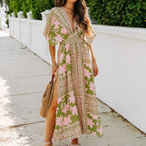 Women's summer dress - european & american style amazon long dress - high waist, spicy girl, batwing sleeve, v-neck, printed, sexy women's dress