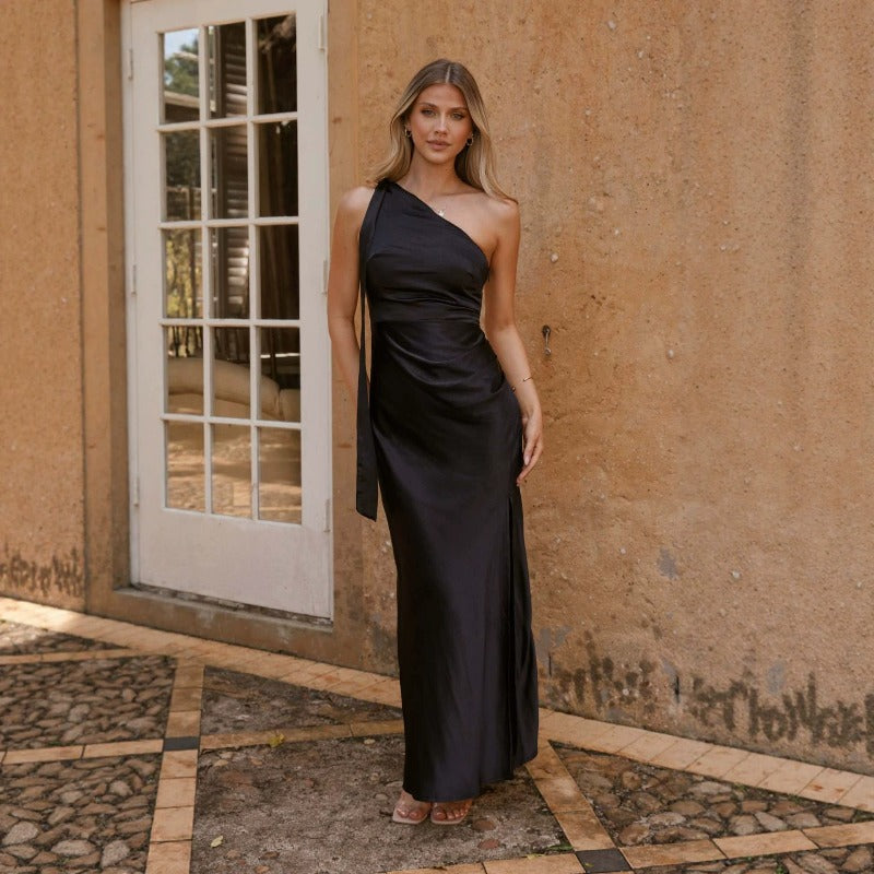 Women's dress - cross-border amazon single shoulder shirred slit sexy short sleeve satin dress - european and american summer elegant maxi dress