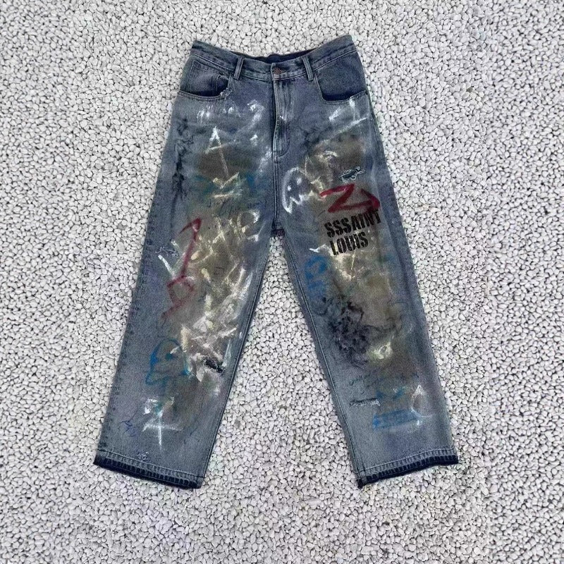 Saint m t pants - spring/autumn s.m distressed hand-painted graffiti loose casual pants - wholesale