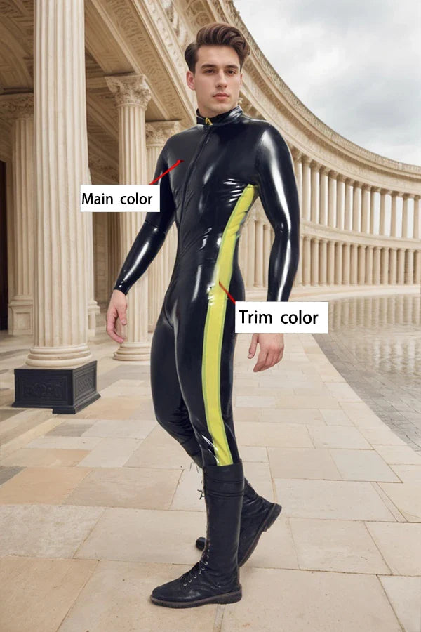 Black Man Latex Catsuits Yellow Side Stripe