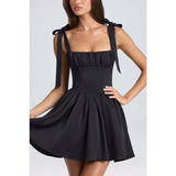 Women's summer fashion dress: european and american style, square neck, high waist, pleated patchwork, bowknot strap dress