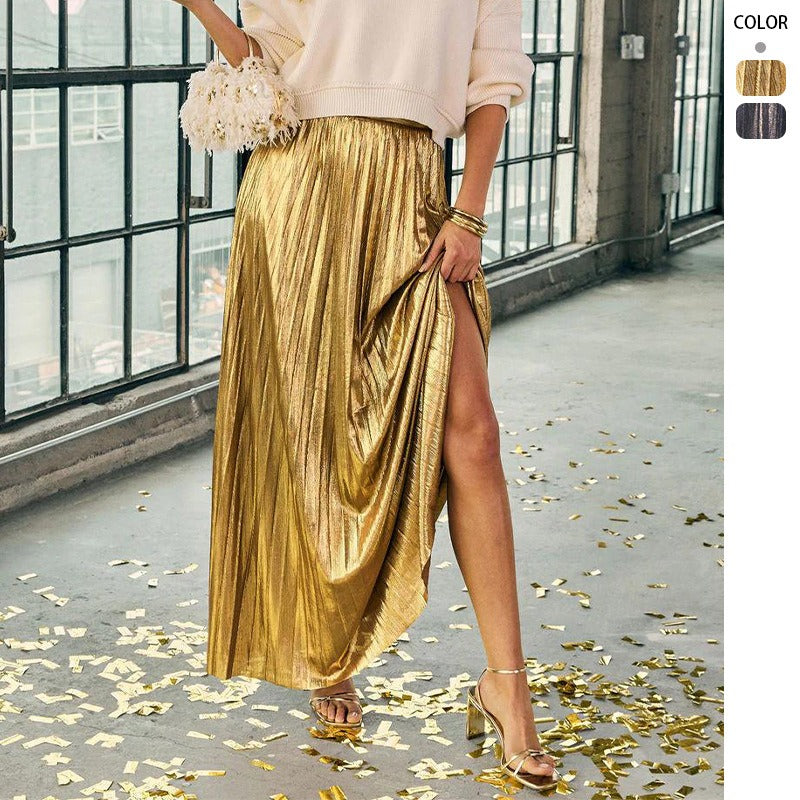 Women's pleated midi skirt wholesale - spring/summer collection. plus size, high waist, flowy, gold beach skirt for women - european & american style