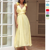 Women's dress: summer bestseller - cross-border chiffon floral pleated maxi dress with open back and criss-cross tie detail