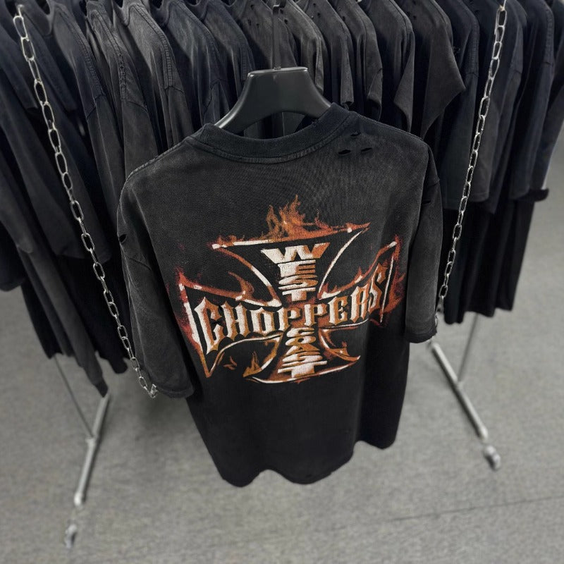saint m t shirts  s.m flame letter graphic crew neck pullover short sleeve t-shirt - wholesale