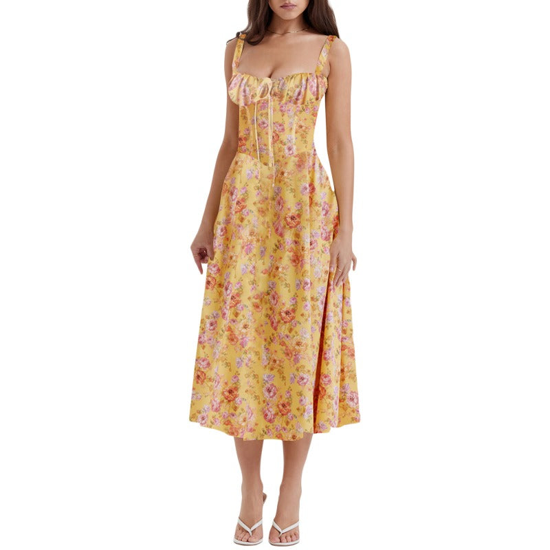 Women's dress: european and american style, high-end sensibility, spaghetti strap, sexy backless, summer floral print, french style dress for women