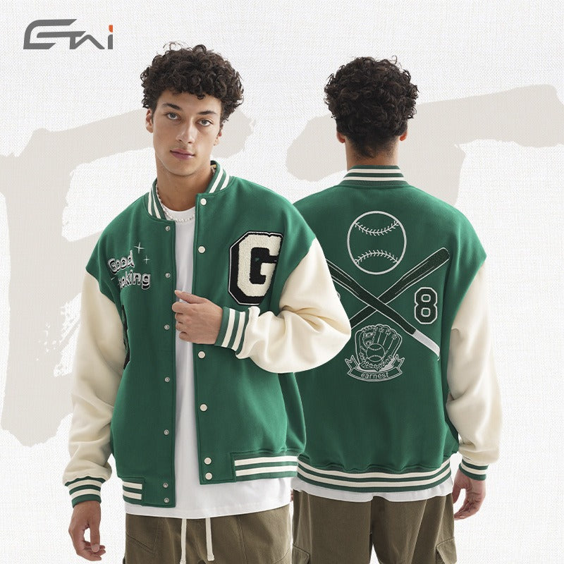 Etai men's clothing youth autumn/winter trendy baseball jacket - sporty casual color block fleece outerwear