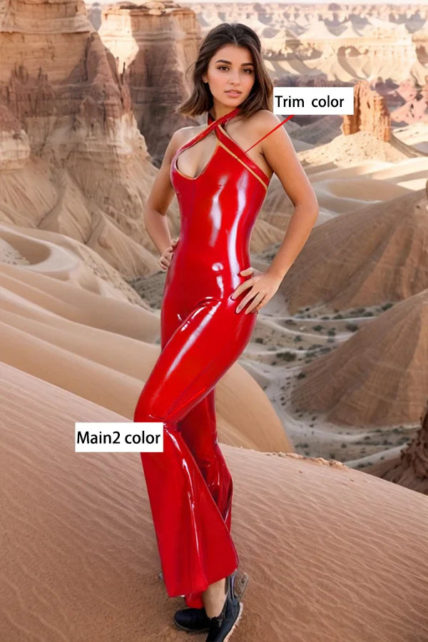 Women Latex Catsuits Red Cross halter neck