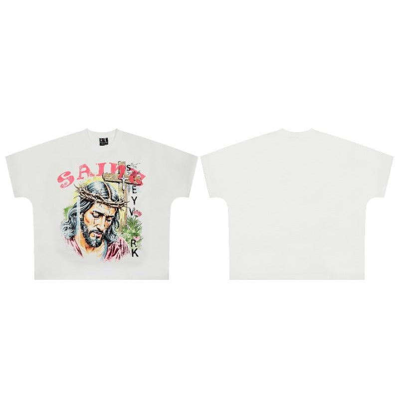 saint m t shirts  s.m. character & floral print crew neck pullover short sleeve top - wholesale