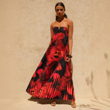 Women's dress - amazon independent site, cross-border e-commerce, european & american export, printed bandeau, loose fit, heavily pleated, long maxi dress for women