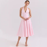 Women's dress: summer amazon hot seller - slim waist, halter neck, structured, backless, drawstring tie, bandeau, spaghetti strap dress