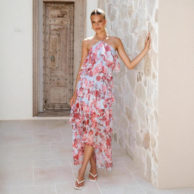 Women's off-the-shoulder european and american style fashionable chiffon printed fairy long elegant evening gown dress for cross-border e-commerce