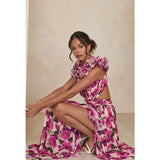 Women's dress - amazon us & europe style - instagrammable vacation maxi dress - cutout, slim fit, deep v neck, ruffle trim, floral print, open back dress