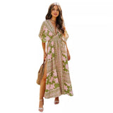 Women's summer dress - european & american style amazon long dress - high waist, spicy girl, batwing sleeve, v-neck, printed, sexy women's dress