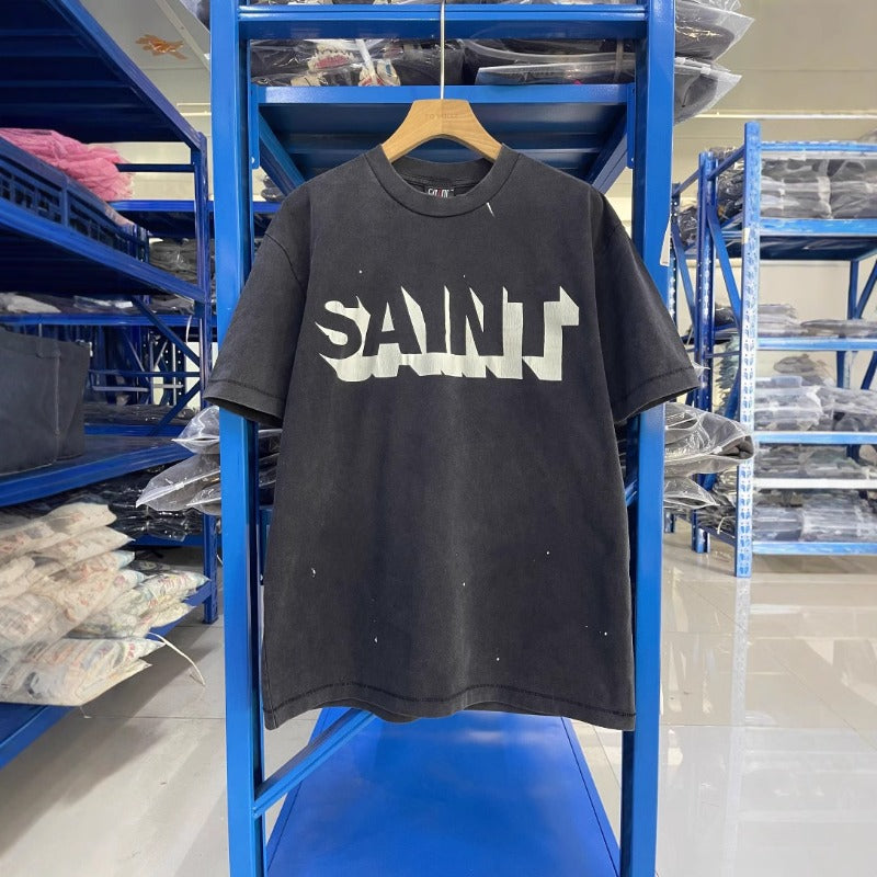 saint m t shirts  s.m letter print crew neck pullover short sleeve top - wholesale