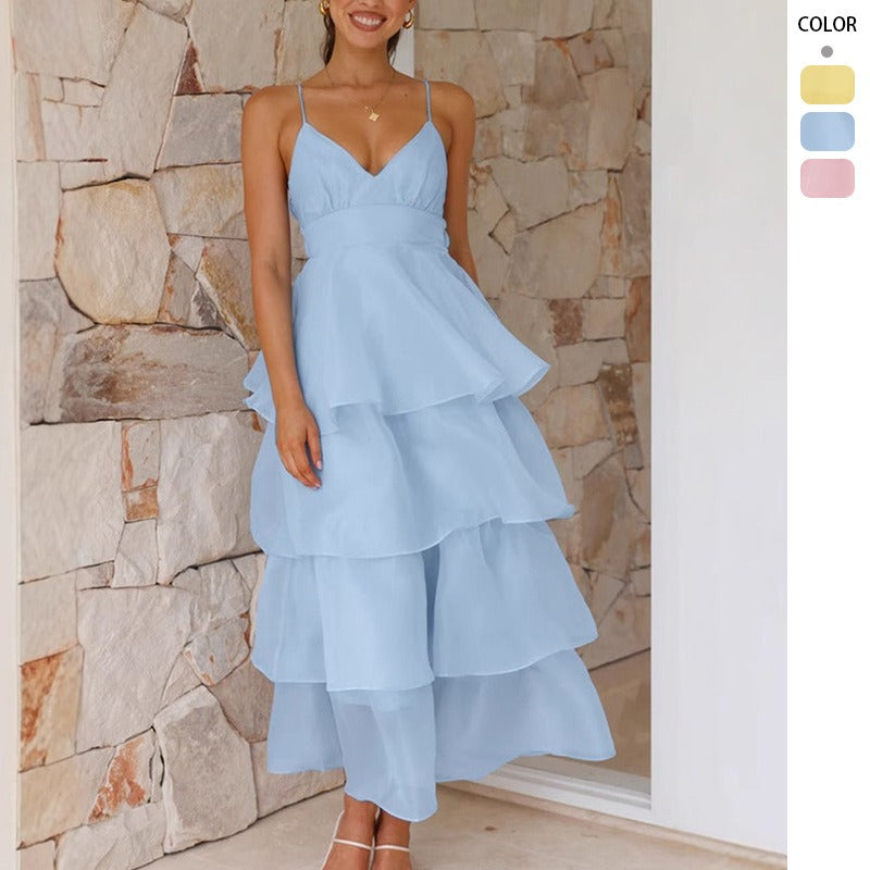 Women's dress: european & american cross-border sexy backless spaghetti strap cake pleated tie-up fashion evening party slim-fit dress