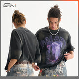 Etai men's clothing trendy brand spray monkey short wide terry distressed t-shirt men's high street loose edge washed retromen short sleeve