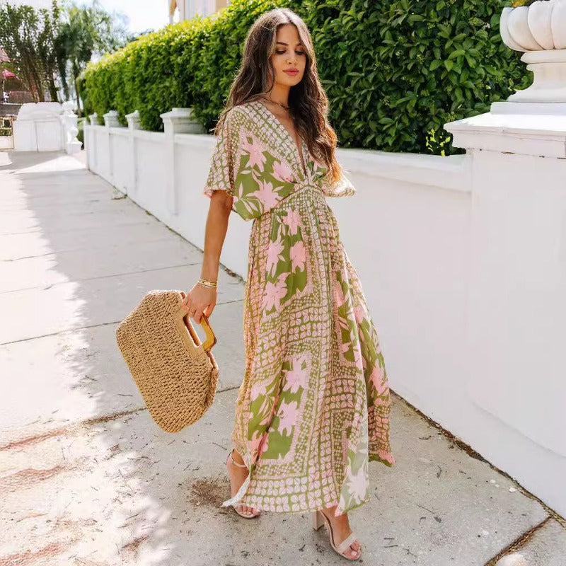 Women's summer dress - european & american style amazon long dress - high waist, spicy girl, batwing sleeve, v-neck, printed, sexy women's dress