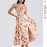 Women's dress: european and american cross-border summer sexy backless slim-fit cami dress, vacation-style floral print slit midi dress