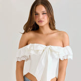 Women top cross-border annual export hot girl sexy one-line collar suspender frenchruffles buttoned waist slimming look small vest for women