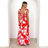 Women's dress - cross-border e-commerce, european & american style, floral print, wavy tie-up straps, a-line dress, elegant women's dress
